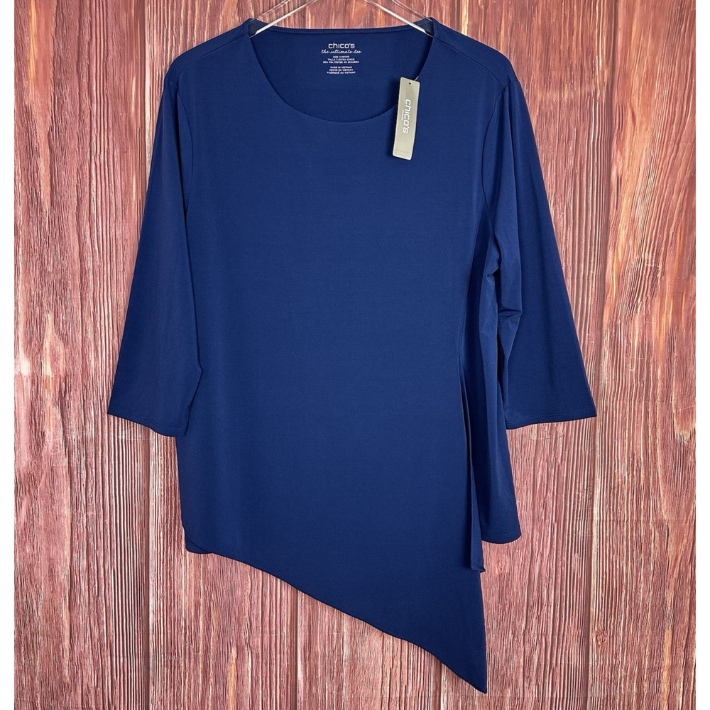 Chicos The Ultimate Tee 3/XL Women's 3/4 Sleeve Blue Top Blouse Asymmetrical NEW